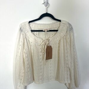 Listicle Cream Lace Peasant Blouse with Ruffle Neck